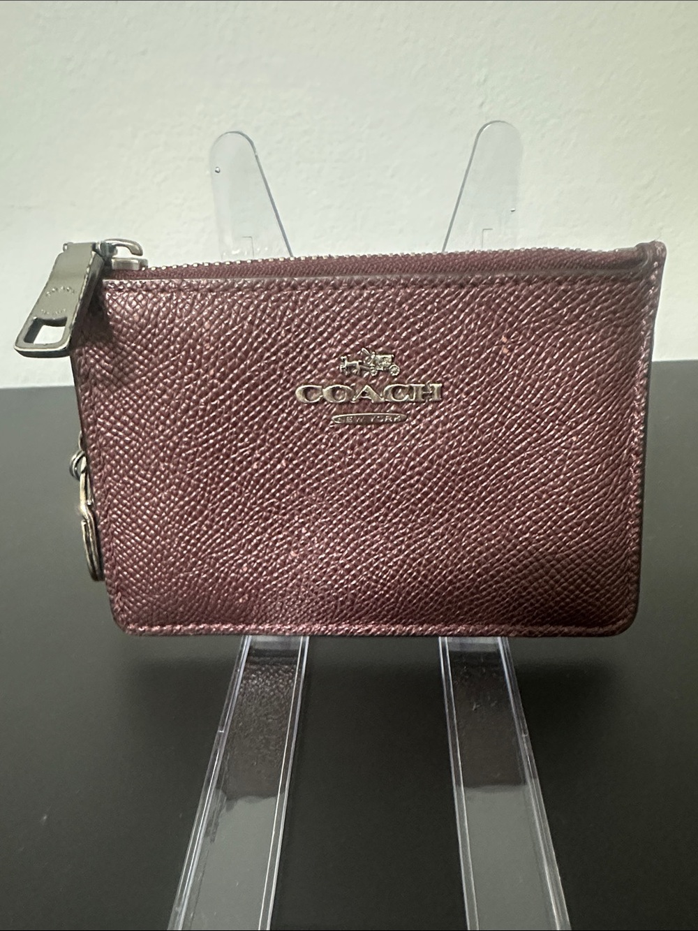 Coach Gun Metal & Wine Colored Zip Card Case with Key Ring. Pebbled Leather